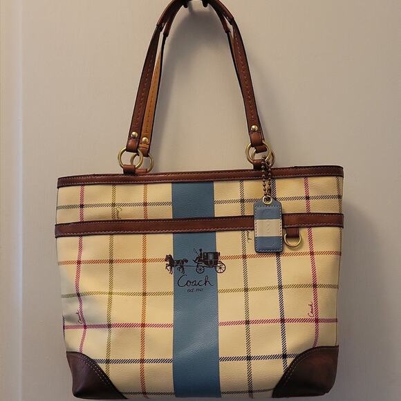 Coach Heritage Plaid Tattersall Tote Bag - Cream Blue and Brown 12561
